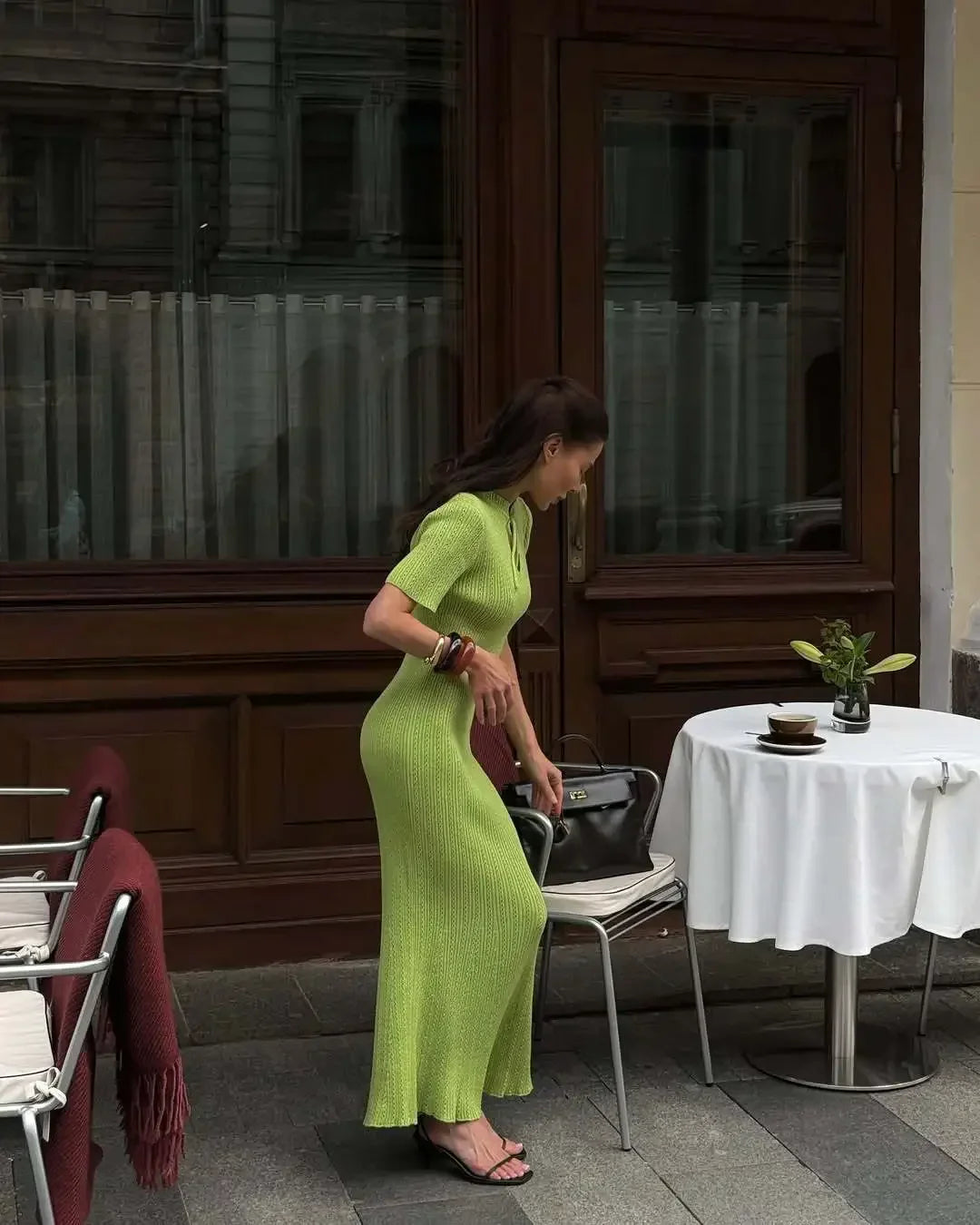 Long Dress Female Short Sleeve Slim Hollow Retro Elegant Sweater Dress 2025 Summer High Waist Woman Dress