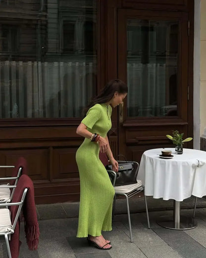 Long Dress Female Short Sleeve Slim Hollow Retro Elegant Sweater Dress 2025 Summer High Waist Woman Dress