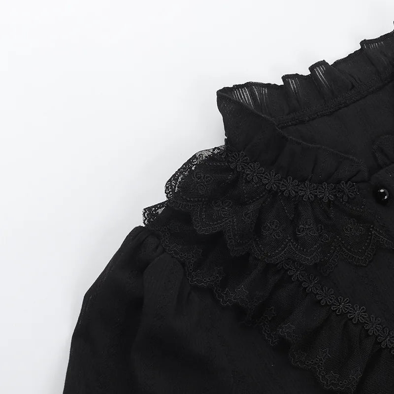 Cotton Shirts Women Vintage Gothic Black White Jacquard Short Sleeve Blouses Elegant Office Lady Y2k Tops