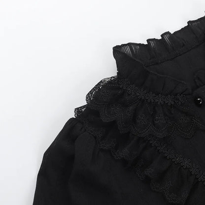 Cotton Shirts Women Vintage Gothic Black White Jacquard Short Sleeve Blouses Elegant Office Lady Y2k Tops