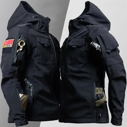 Mens Thicken Tactical Set Windproof Waterproof Outdoor Suit Soft Shell Multi-Pocket Hooded Jackets+Fleece Work Pants 2-piece