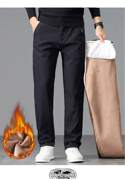 Fleece Men's Casual Pants 2025 Winter New Soft Fashion Business Velvet Slim Trousers Stretch Thick Classic Plush Male Pants