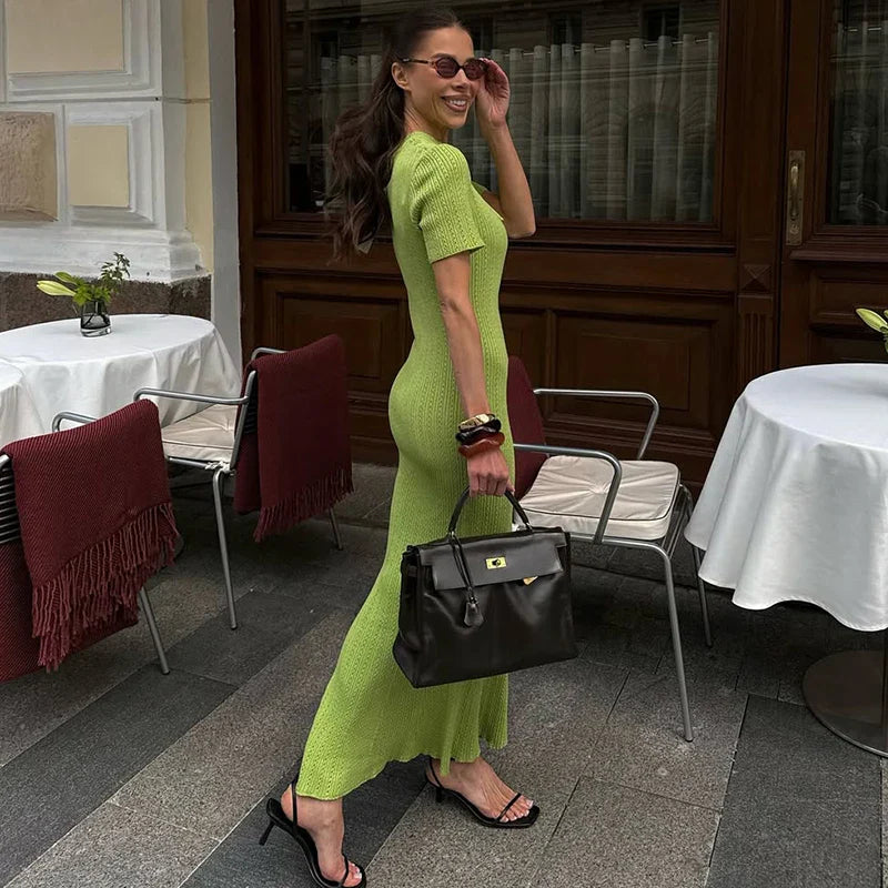 Long Dress Female Short Sleeve Slim Hollow Retro Elegant Sweater Dress 2025 Summer High Waist Woman Dress