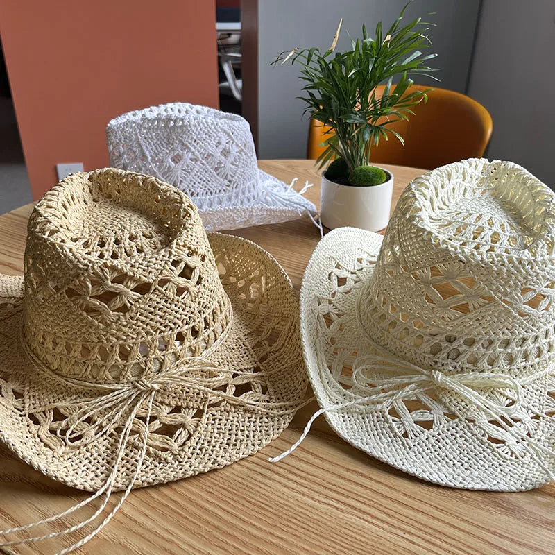 Straw Western Cowboy Hat for Women Men Classic Vintage Hollow Out Unisex