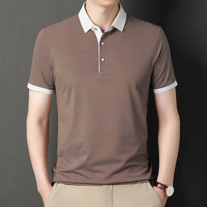 2024 Men's New Striped Cotton Business Casual Short Sleeved POLO Shirt Fashion Short Sleeved Comfortable and Breathable Top
