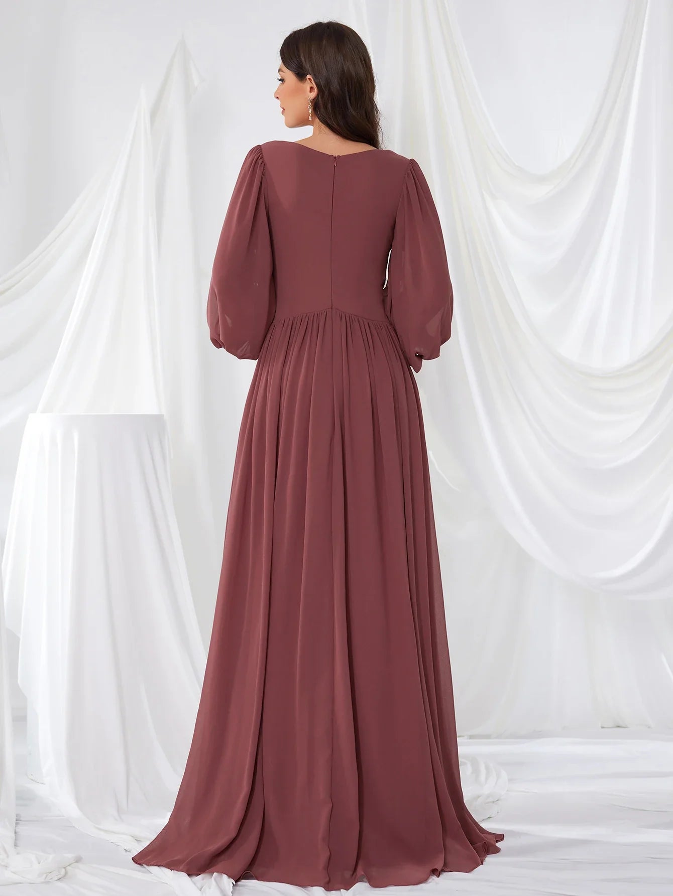 Women's V-Neck Long Sleeve Chiffon Dress Split Bridal Maids Maxi Gown