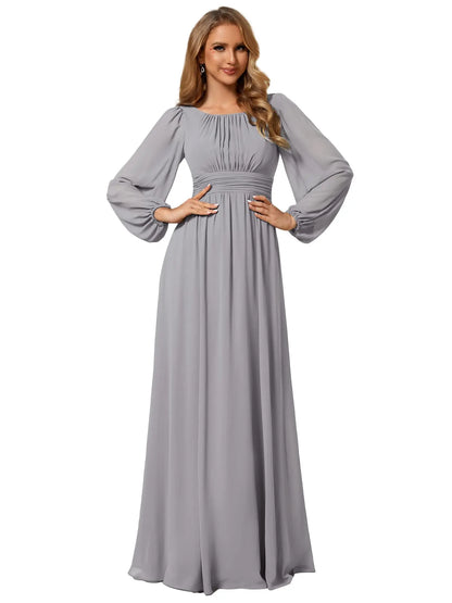 Women's Crewneck Lantern Sleeves Bridesmaid Dresses For Wedding Flowy A-Line Pleated Floor Length Chiffon Formal Evening Dresses