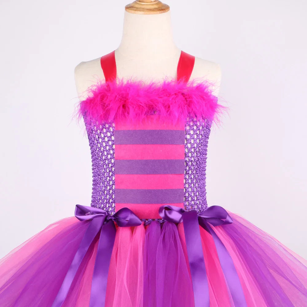 Fantasias Gato Cheshire Rosa Pink e Roxo para Bebês Meninas Roupa de Tutu Chique de Animal para Crianças Festa de Carnaval com Orelhas Laço e Meias