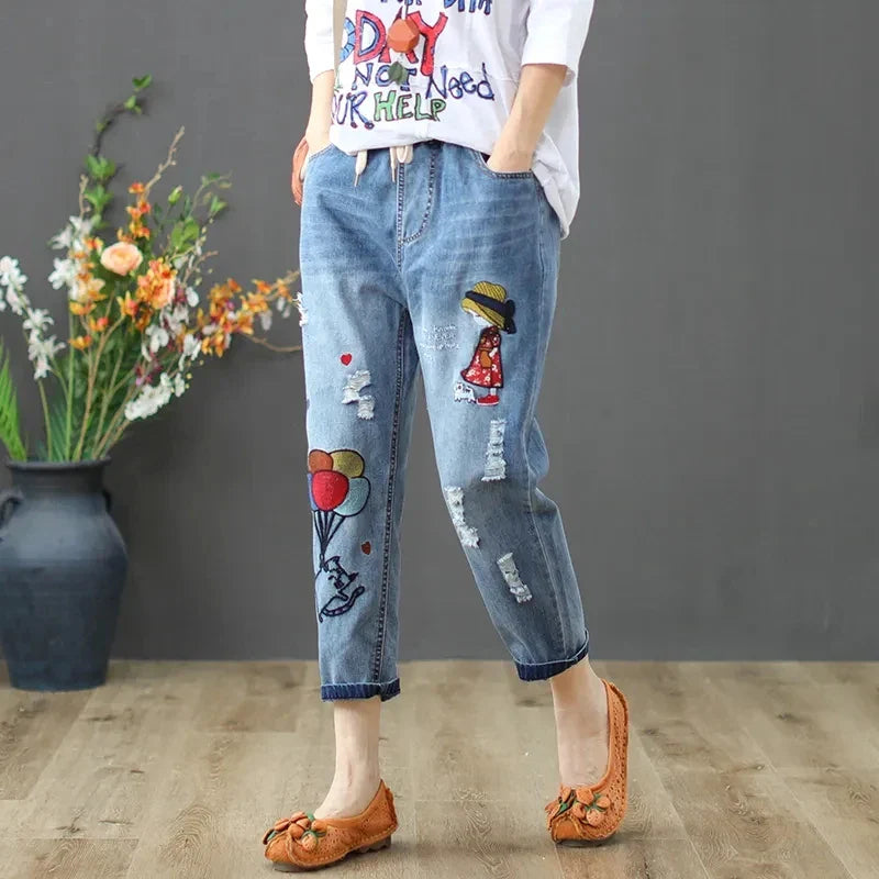 Y2k Embroidery Ankle-Length Baggy Jeans