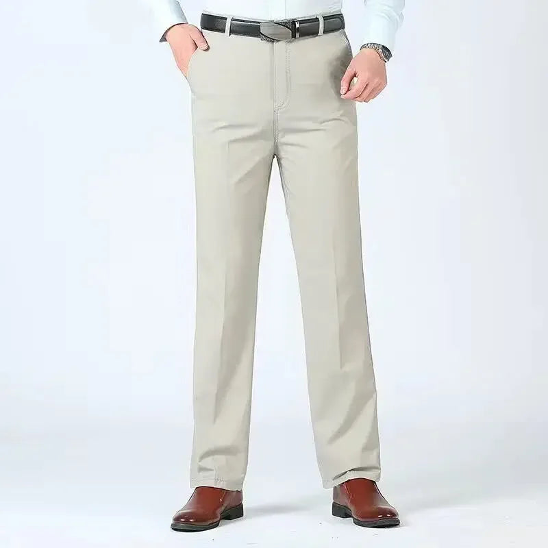 Summer Thin Autumn Thick 100% Cotton Straight Suit Pants Men's Loose Trousers Business Solid Green Casual Brand Clothes GOZBKF