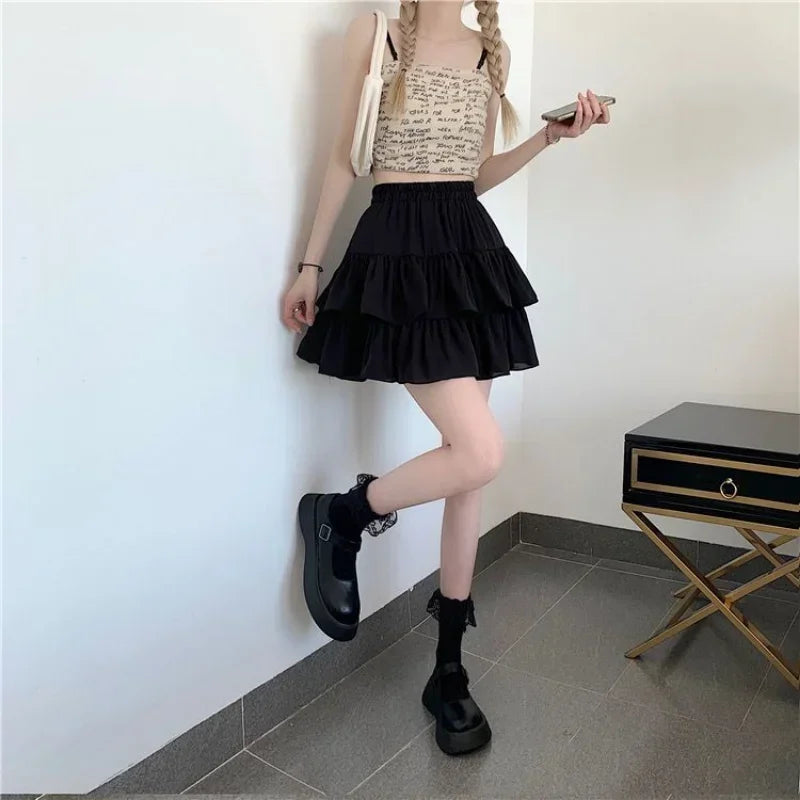 High Waist Layered Splice Short Skirt Pure Color Iron Free Polyester Blend Summer Cake Design Sweet Half Body Skirt