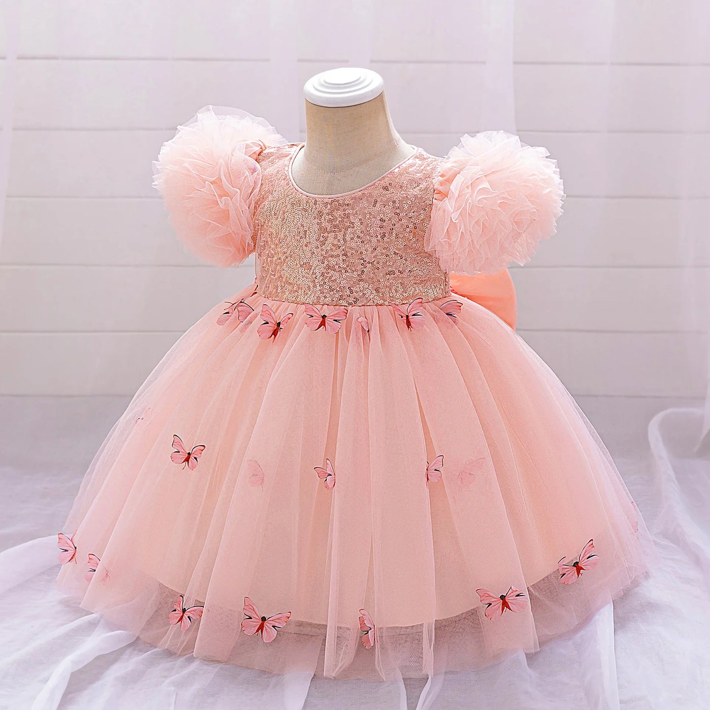 Baby Girl Clothing Summer Bow And Butterfly Pattern Halter Solid Color Mesh Baby Kids Dresses Cute Casual Baby Girl Dress ASQ03