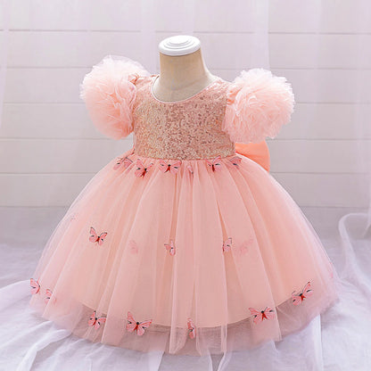 Baby Girl Clothing Summer Bow And Butterfly Pattern Halter Solid Color Mesh Baby Kids Dresses Cute Casual Baby Girl Dress ASQ03