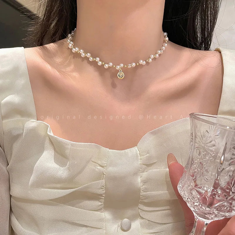 Romantic Niche Pink Sweet Flower Collarbone Chain Versatile Temperament Necklace Women's Pearl Fringe Collarbone Chain