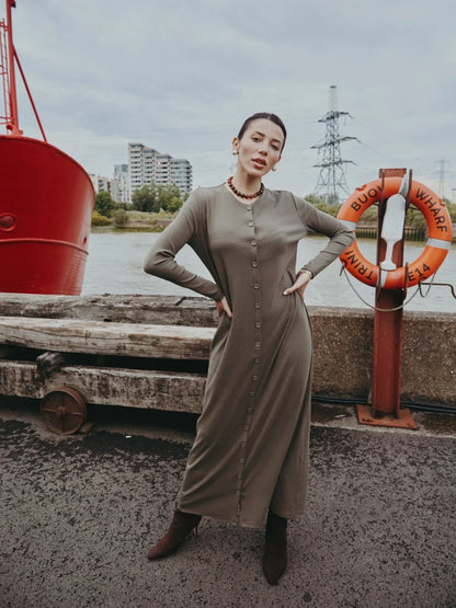 Maxi dress woman fashion V neck comfortable button dress