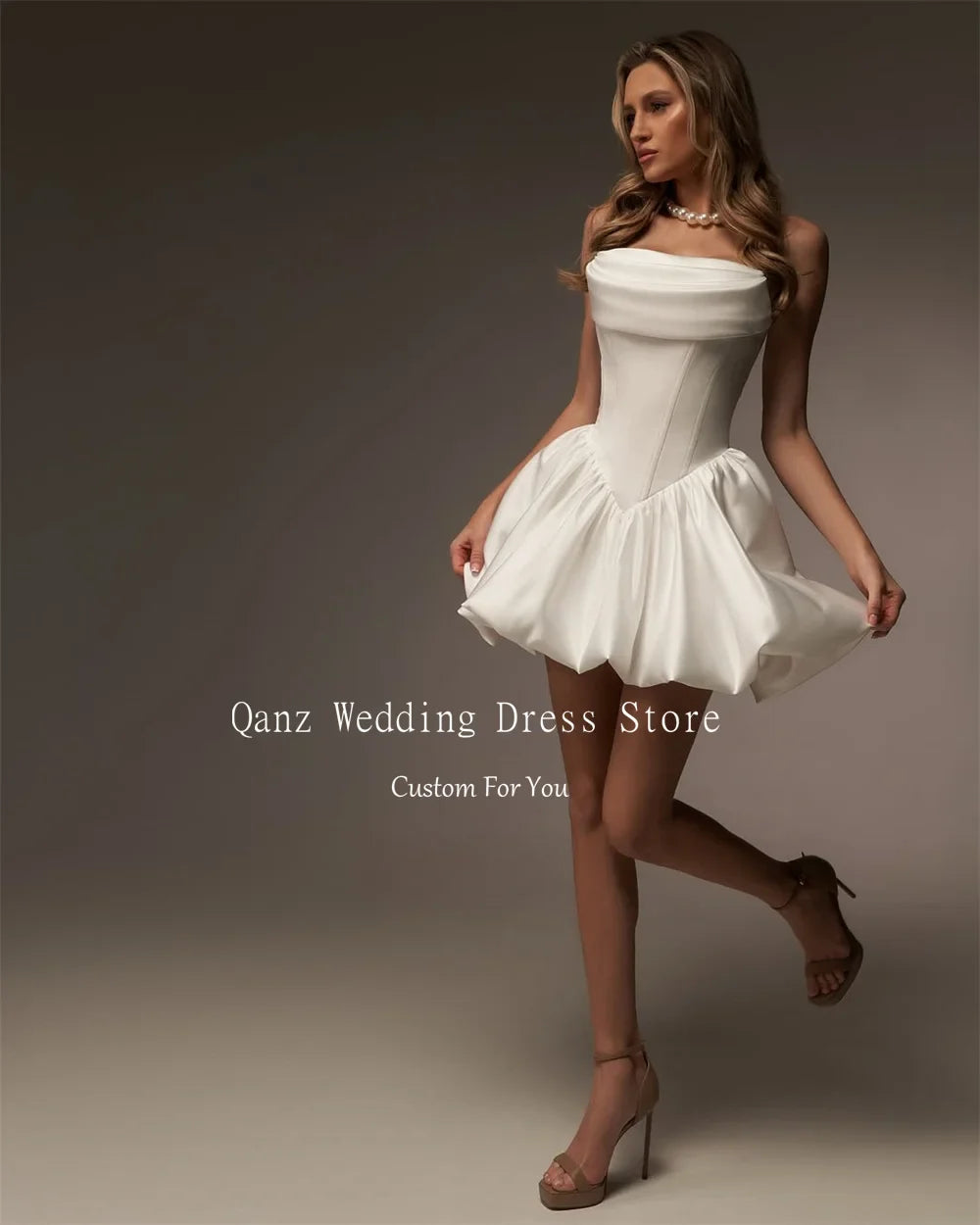 Vintage Satin Wedding Party Dresses Strapless Short A Line Ivory Lace Up Back Vestidos Para Mujer Bridal Gowns Customized