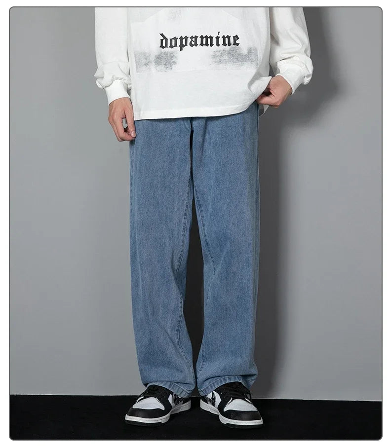 2026 New Korean Men's Casual Long Jeans Classic Man Straight Denim Wide-leg Pants Solid Color Light Blue Black 3XL Cargo Jean