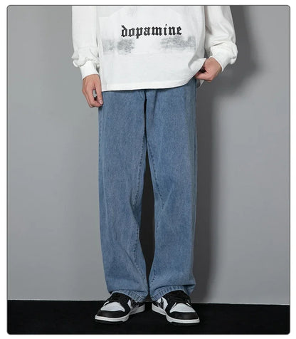 2026 New Korean Men's Casual Long Jeans Classic Man Straight Denim Wide-leg Pants Solid Color Light Blue Black 3XL Cargo Jean