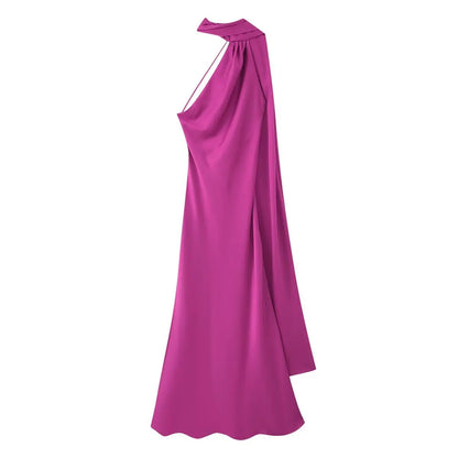 Elegant Women's Soft Silk Satin Long Dress Halter Backless Sleeveless Maxi Dresses Summer Lady Long Ribbon Party Gowns