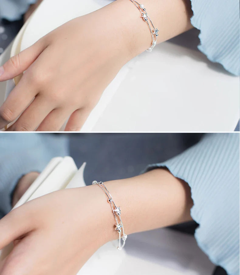 New 925 Sterling Silver Beads Ball Stars Double Layer Bracelet For Women Charm Bracelet Engagement Original Fine Jewelry