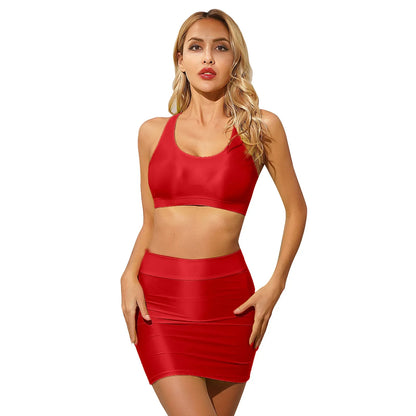 Womens Glossy Lingerie Sleeveless Crop Tank Tops Low Rise Miniskirt with Thigh High Stockings Pool Party Pole Dance Clubwear