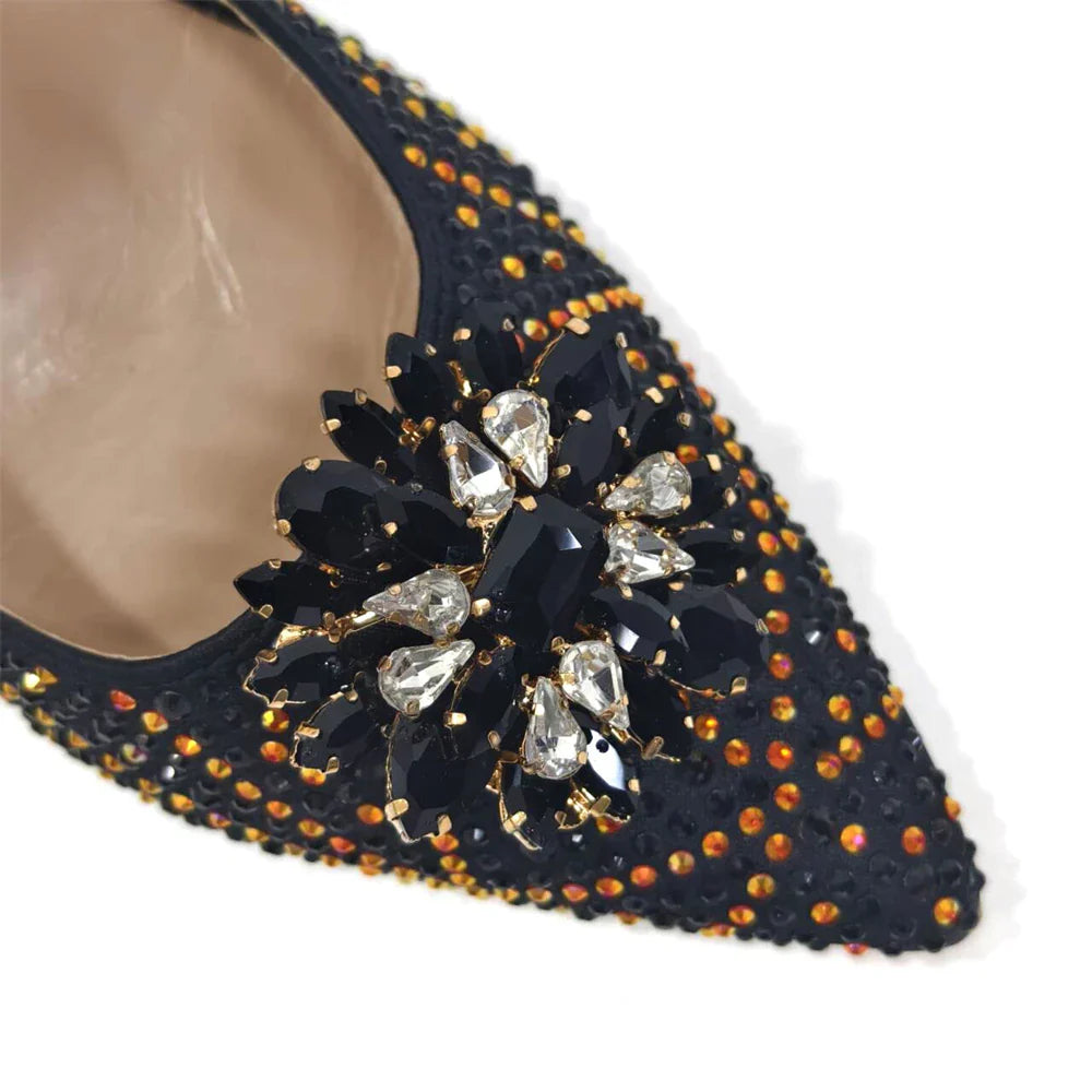 INS Style Green Party Shoe and Bag Set in Women Pointed-Toe Rhinestone High Heels Elegant African Ladies Shoes