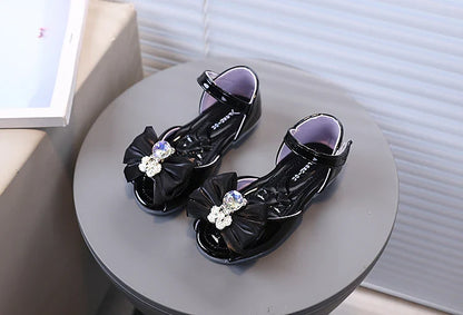 Girl's Fish Mouth Shoes with Rhinestone Bear Decos Prom Party Sandals for Kids Girl Nice Butterfly-knot Students Footwear I10281