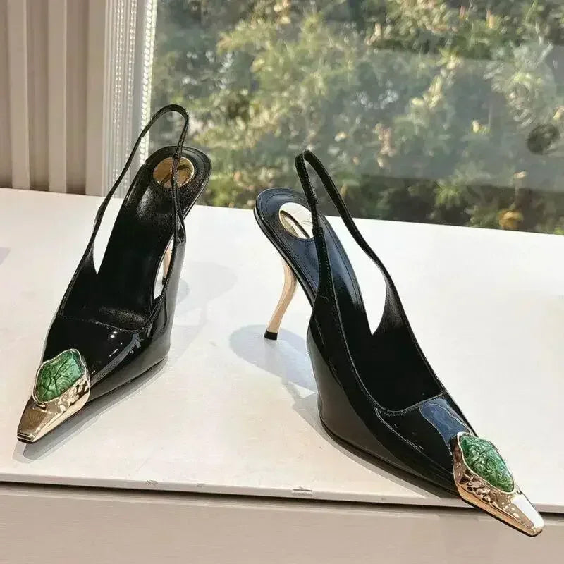 Luxury Metal Jewel Decoration Heels Women 2025 Sexy Pointed Toe Patent Leather Women Pumps Elegant Banquet High Heeled Sandals
