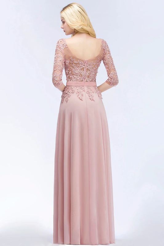2024 Dusty Rose Evening Dresses Chiffon Appliques 3/4 Sleeves Banquet Formal Party Prom Gowns Maxi Robe De Soiree