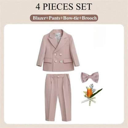 Macaroon Colorful Toddler Suit Set Double Breasted Kids Suits Blazer Pants Bow-tie Brooch Boy's Formal Tuxedo Dresswear