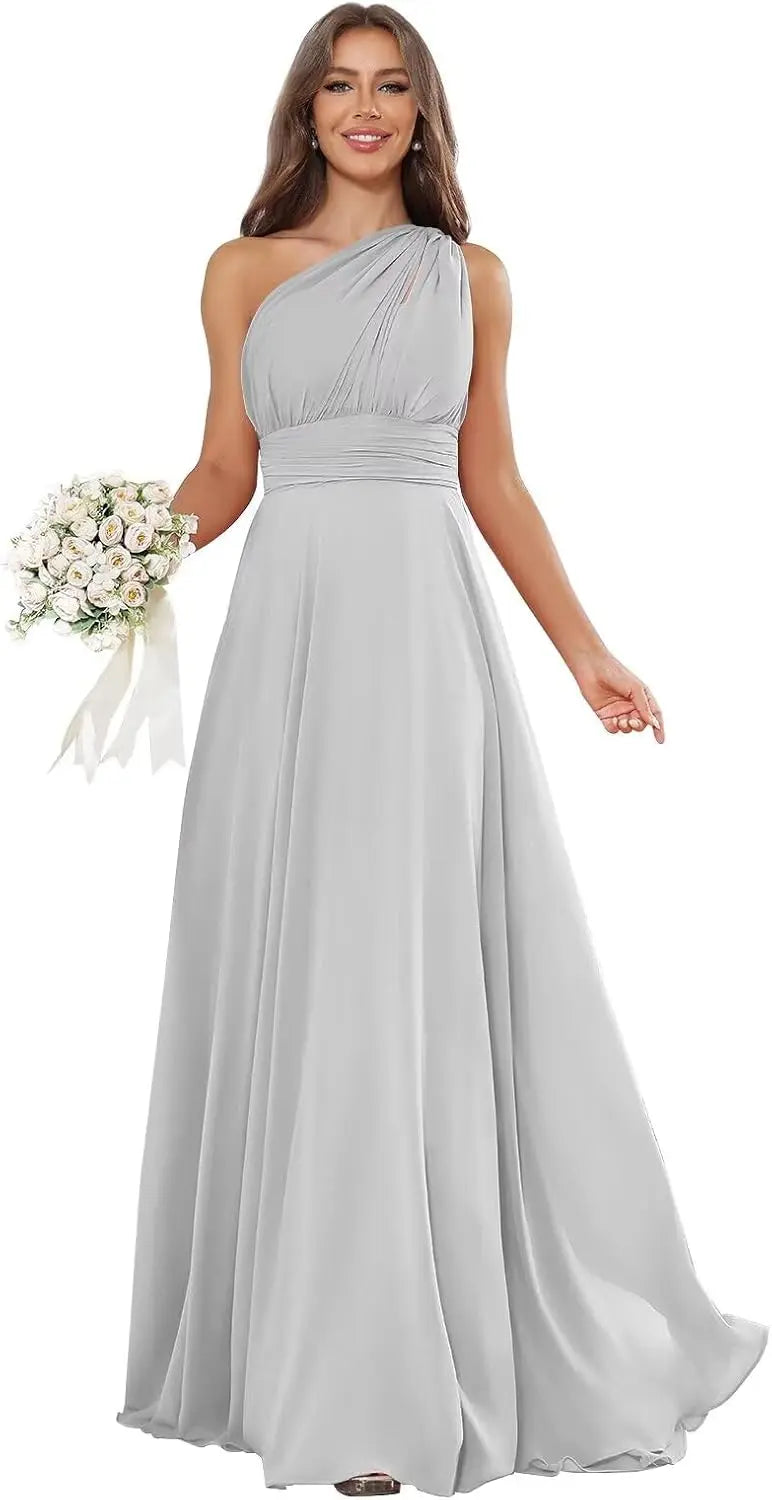 Vestidos de Daminha de Um Ombro para Mulheres Vestido de Noite Formal Longo de Chiffon Plissado Vestidos de Madrinha para Casamentos