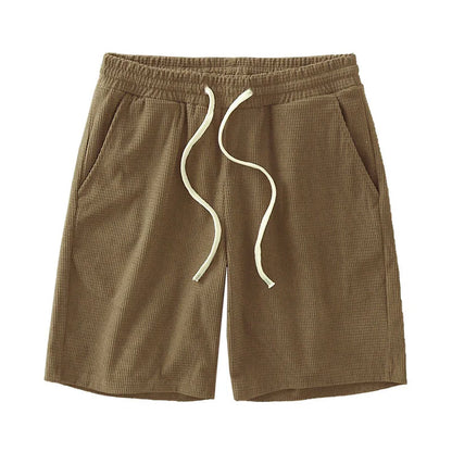 Men Shorts Solid Color Mid Waist Summer Motion Waffle Texture Deep Crotch Drawstring Male Shorts Loose Knee Length Casual Short