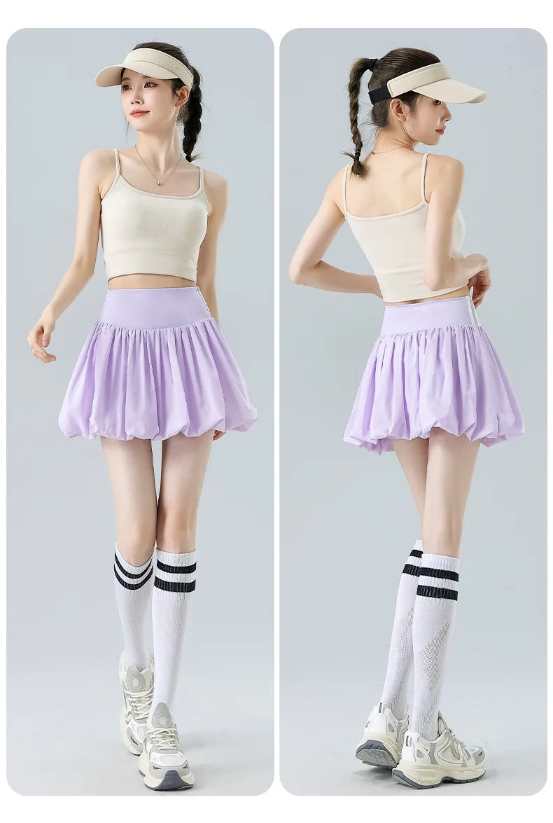 Women Summer Tennis Skirt High Waist Flared Flounce Skirt 2 in 1 with Shorts Anti-Exposure Athletic Pleated Golf Skirt Workout