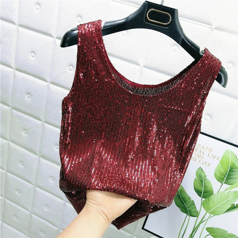 Sparkling Sequins Round Neck Vest Women's Outer Wear 2022 Summer New Bright Silk Fashion Glitter Bottoming Shirt Suspender Top