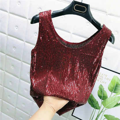 Sparkling Sequins Round Neck Vest Women's Outer Wear 2022 Summer New Bright Silk Fashion Glitter Bottoming Shirt Suspender Top