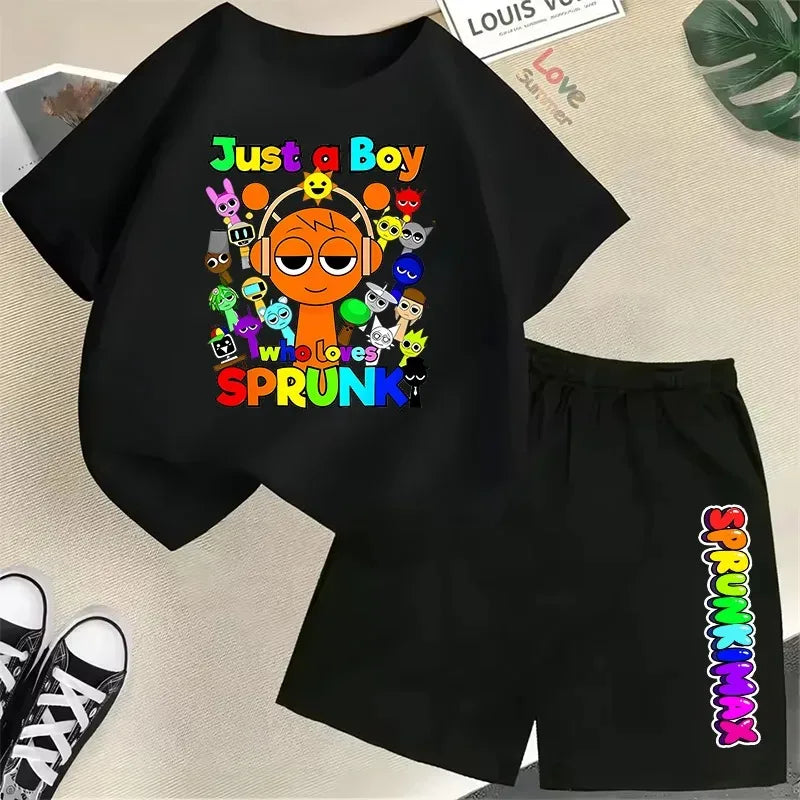 Set of 2 Pieces of T-Shirt and Shorts Sprunki for Kids, Anime Design, Pants Suit for Boys and Girls, Kawaii Summer Outfits