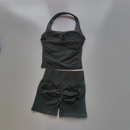 Sexy Halter Neck Beautiful Back High Waist Peach Sports Bras Shorts Suit Pilates Gathering Yoga Vest Training Fitness Bra Sets