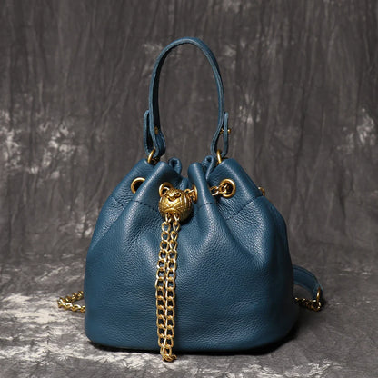 Metal Drawstring Versatile Women's Handbag Genuine Leather Chain Crossbody Bag Vintage Bucket Bag Mobile Phone Bag