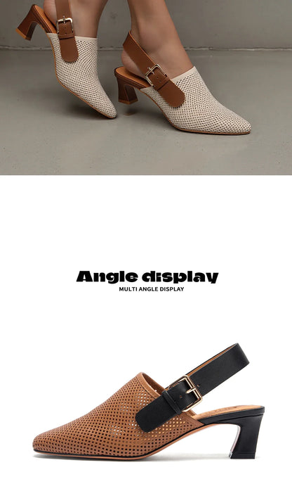 Women's shoes Luxury brand summer sandals leather medium high heel hollow breathable temperament girls shoes 35-40 yards