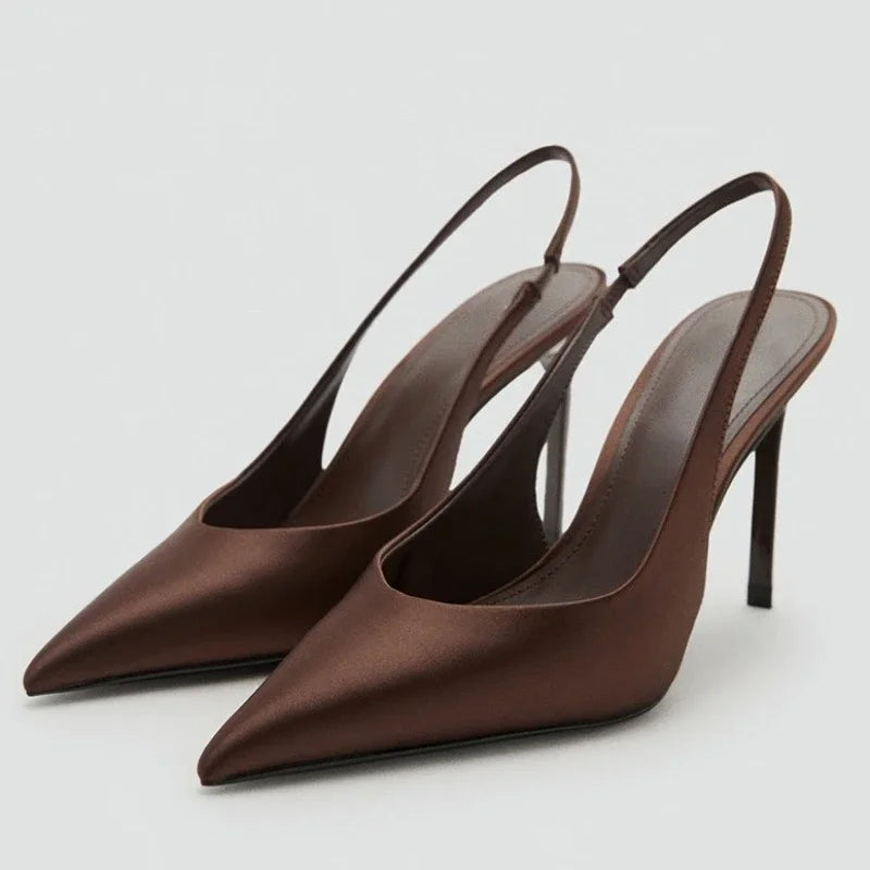 Brown Satin Slingback Women Pumps Sexy Pointed Toe Stiletto High Heels for Ladies Elegant Dress Shoes Comfortable Office Shoes