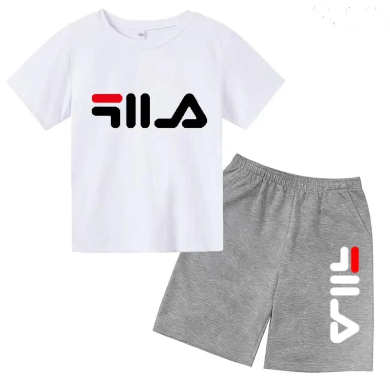 Kids Gift Sports Short-Sleeved Round Neck Black Letters Fashion White T-shirt+Shorts Summer Boy Girl Casual Outdoor Jogging Suit