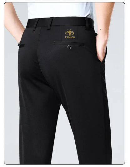 Spring Summer Mens Stretch Pants Smart Casual Suit Pants Wrinkle Resistant Dress Pants with Embroidery Pattern
