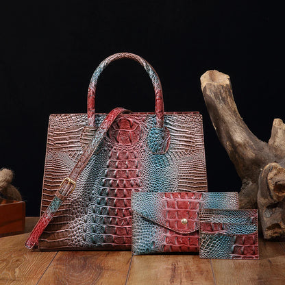 3 Pcs Crocodile Pattern Handbag & Purses Set, Multi-functional Vintage Top Handle Crossbody Bag & Business Clutch Bag & Card Coi