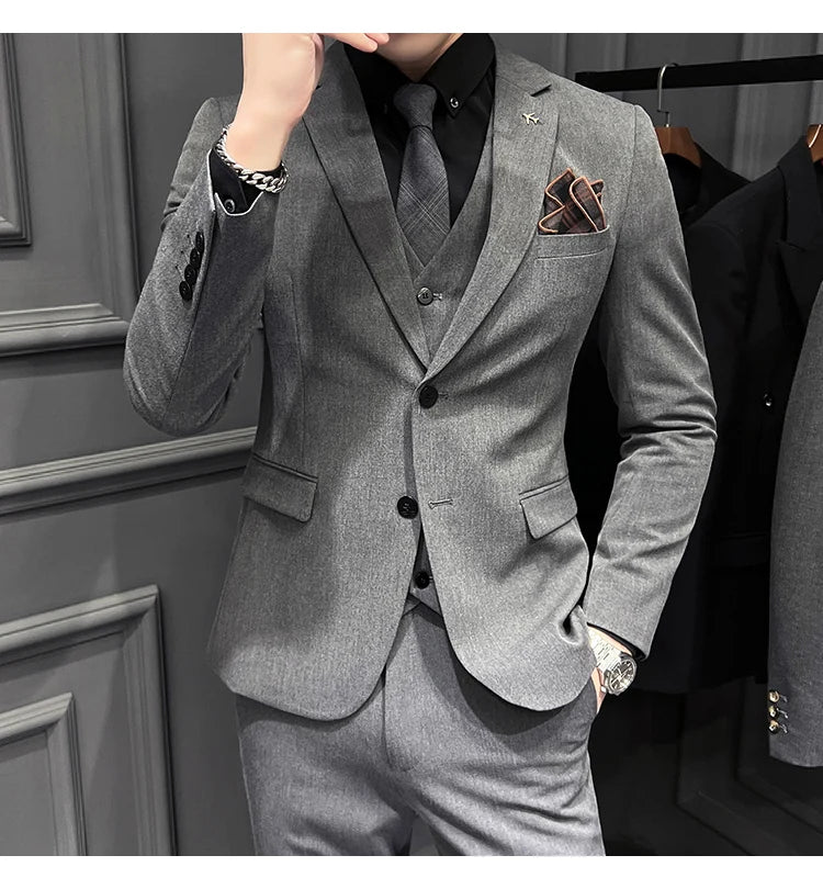 ( Blazer + Vest + Pants ) Boutique Fashion Solid Color Men's Slim Casual Business Suit Three-piece Set Groom Wedding Dress Party