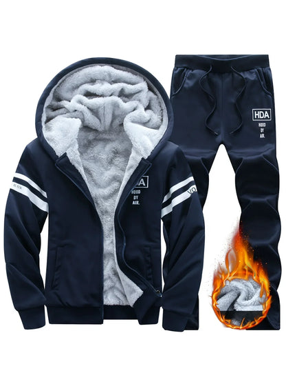 Men's autumn and winter sports and leisure suit set with fleece hoodie, men's autumn and winter thick oversized hooded jacket, t