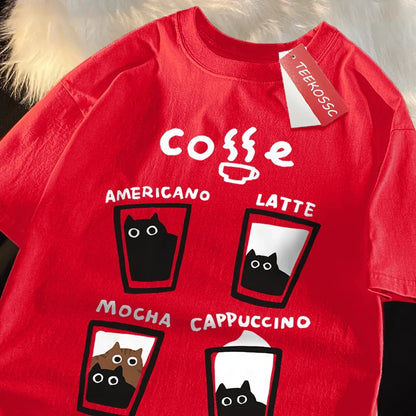 Fun Coffee Cat Japanese Style Men Women T-Shirts Oversize Tshirt Breathable Loose Short Sleeve Tee Clothes Cotton Streetwear
