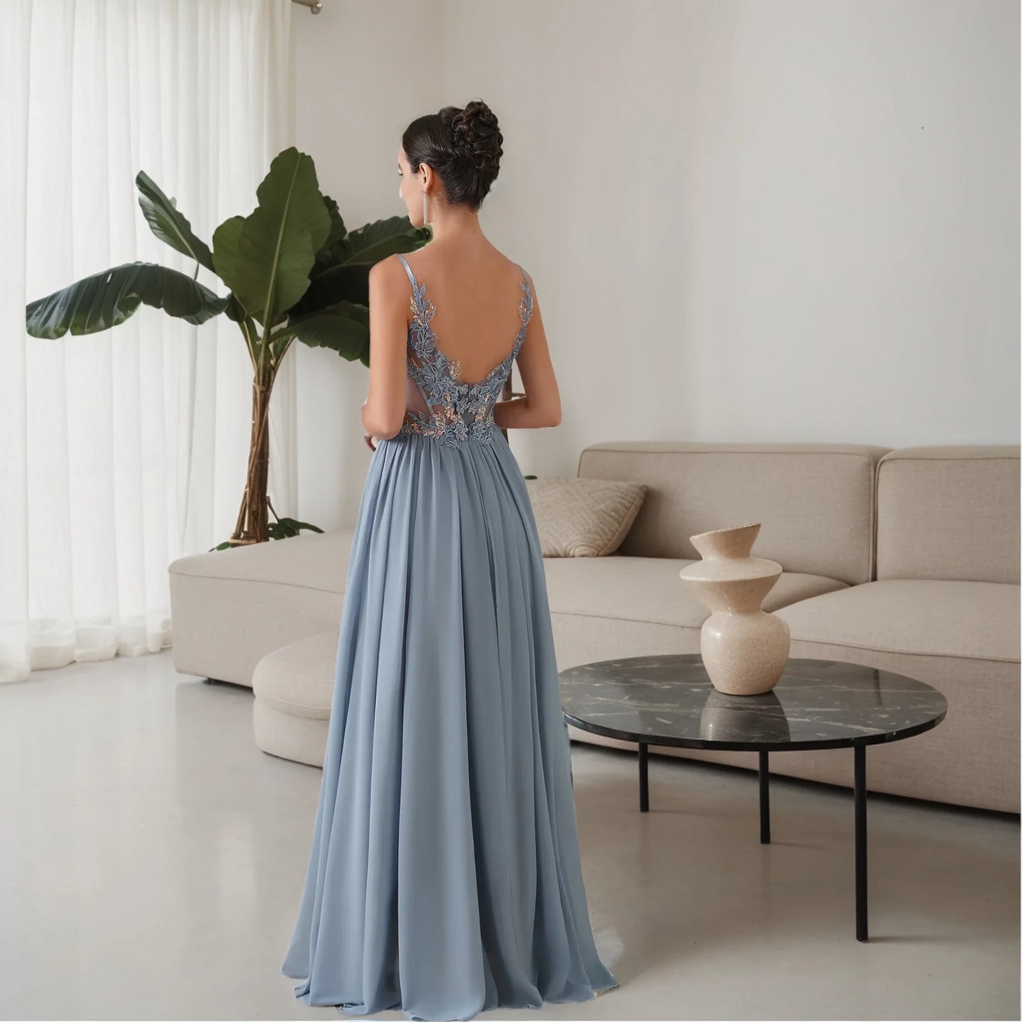 Dusty Pink Sheer Evening Dresses Lace Applique Spaghetti Straps V-Neck Backless Prom Dress Chiffon A-Line 2025 Formal Party Gown