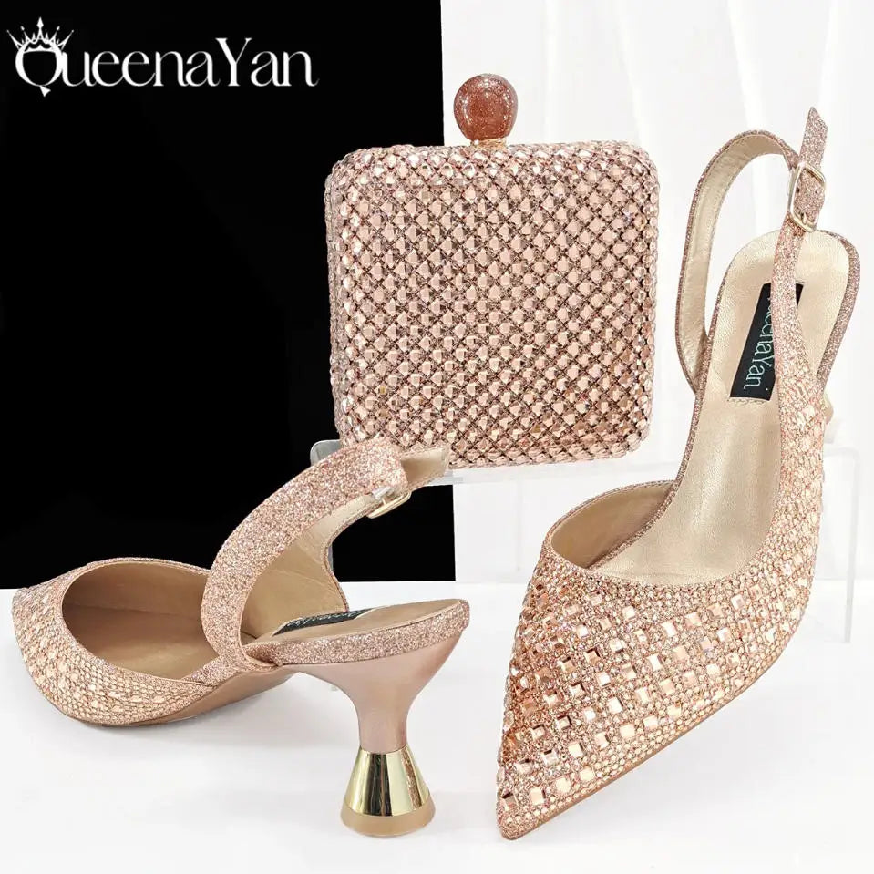 Italian Design Rhinestone Luxury Green Colour Pointed Toe Shoe & Bag Set Women's High Heels for Parties High Quality
