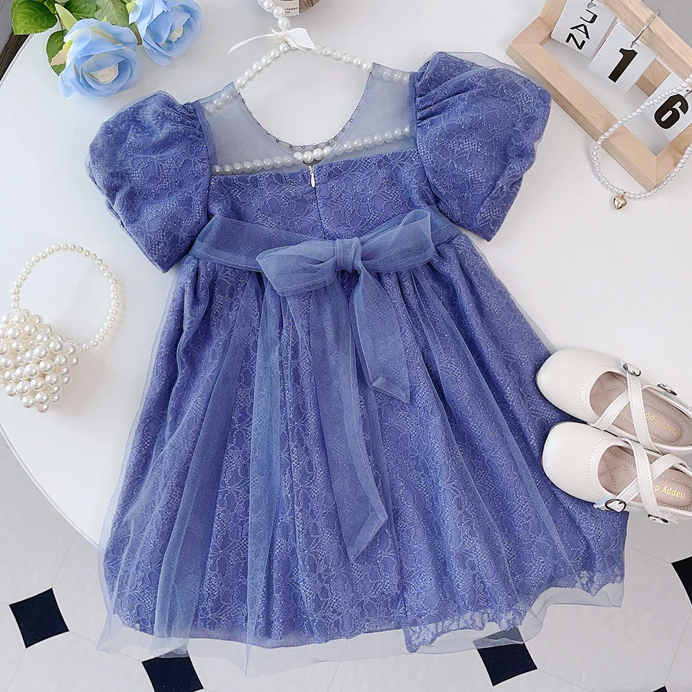 Pink Dreamy Sweet Girl Fairy Princess Dress Sleeveless Bow Decoration Mesh Lace Children's Casual Clothes Birthday Party Summer