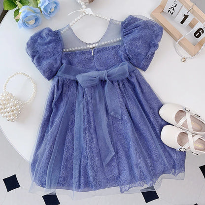 Pink Dreamy Sweet Girl Fairy Princess Dress Sleeveless Bow Decoration Mesh Lace Children's Casual Clothes Birthday Party Summer
